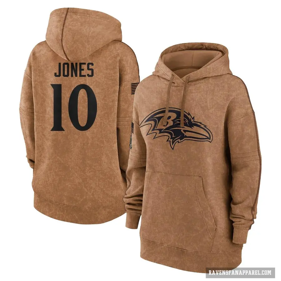 Women's ＃10 Emory Jones Baltimore Ravens Brown 2023 Salute To Service Pullover Hoodie