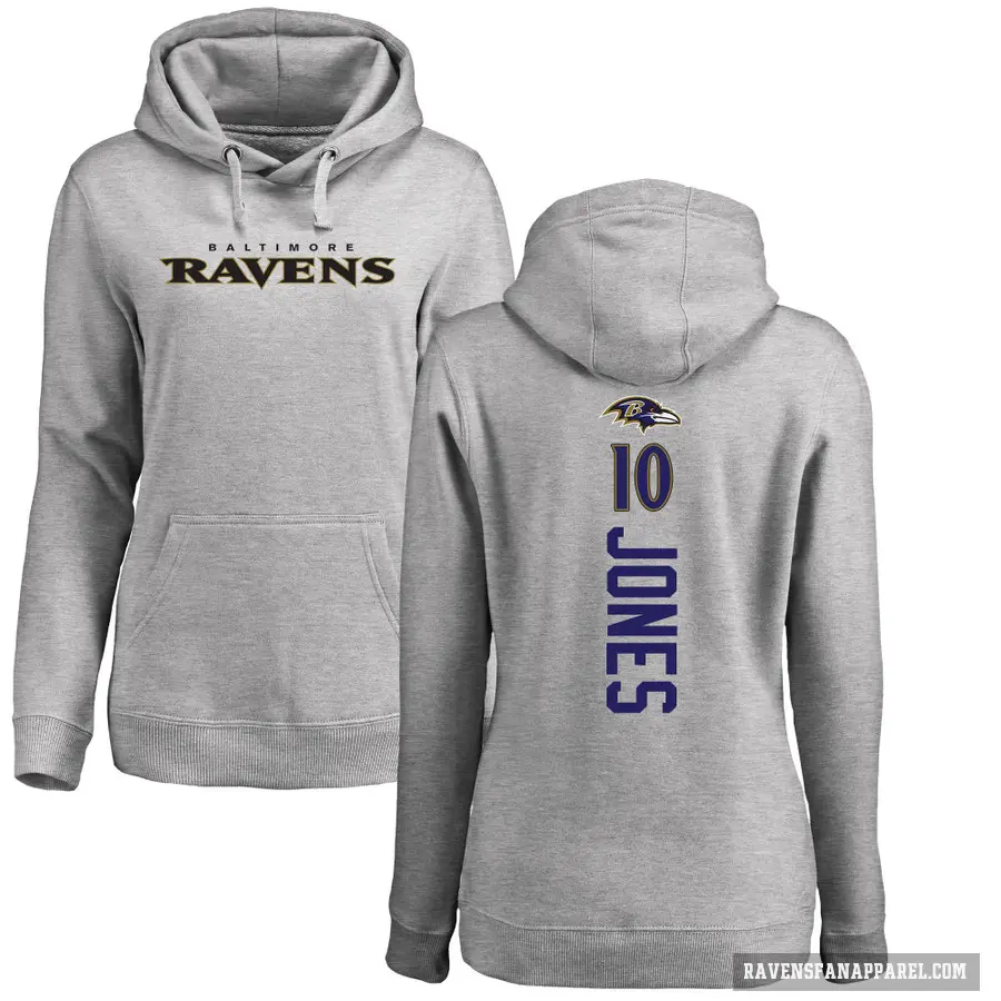 Women's ＃10 Emory Jones Baltimore Ravens Pro Line Ash Backer Pullover Hoodie