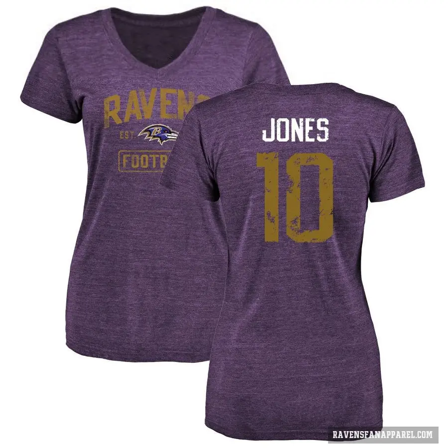 Women's ＃10 Emory Jones Baltimore Ravens Purple Distressed V-Neck T-Shirt