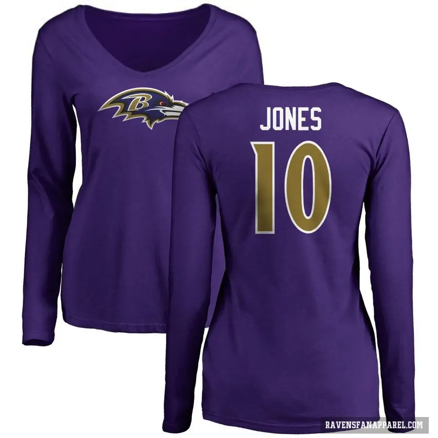 Women's ＃10 Emory Jones Baltimore Ravens Purple Logo Long Sleeve T-Shirt