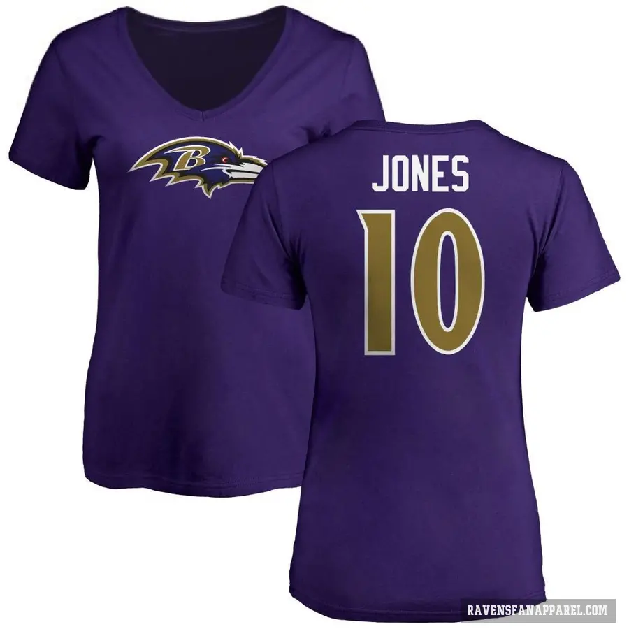 Women's ＃10 Emory Jones Baltimore Ravens Purple Logo V-Neck T-Shirt