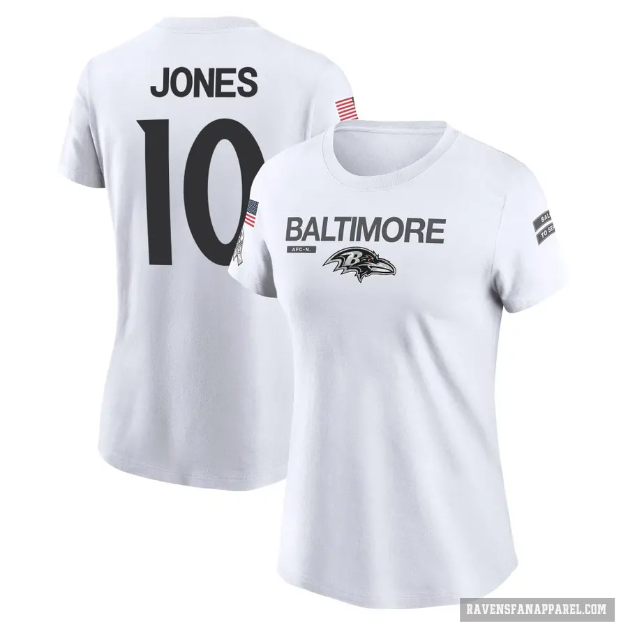 Women's ＃10 Emory Jones Baltimore Ravens White 2024 Salute to Service Performance T-Shirt