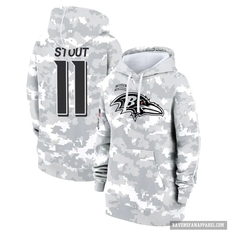 Women's ＃11 Jordan Stout Baltimore Ravens Arctic Camo 2024 Salute to Service Club Fleece Pullover Hoodie