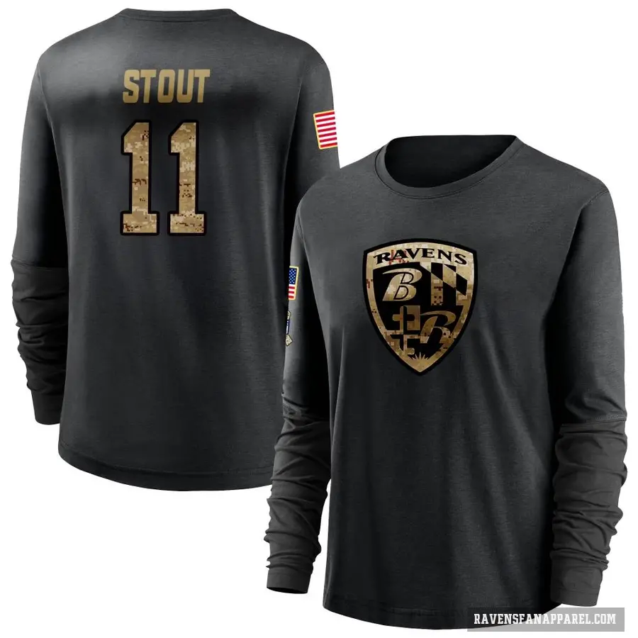 Women's ＃11 Jordan Stout Baltimore Ravens Black 2020 Salute To Service Sideline Performance Long Sleeve T-Shirt