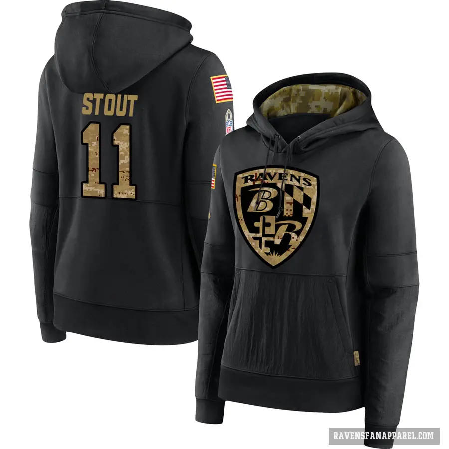 Women's ＃11 Jordan Stout Baltimore Ravens Black 2020 Salute to Service Sideline Performance Pullover Hoodie