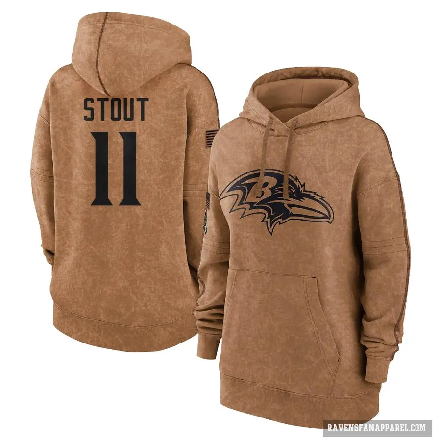 Women's ＃11 Jordan Stout Baltimore Ravens Brown 2023 Salute To Service Pullover Hoodie