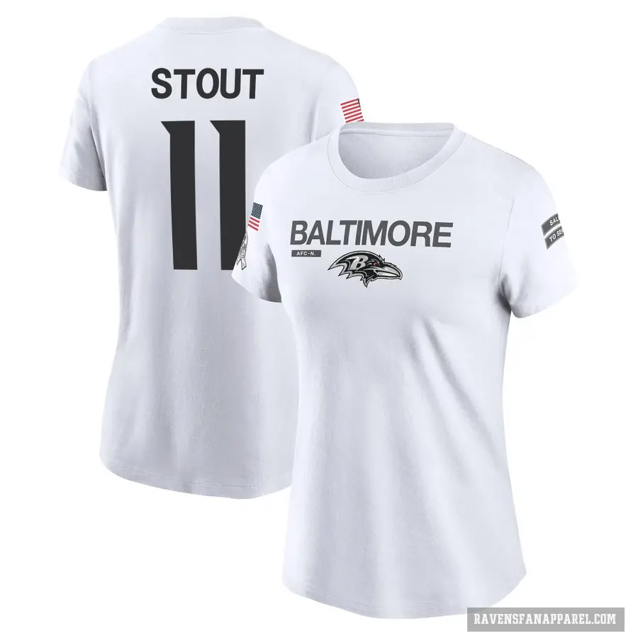 Women's ＃11 Jordan Stout Baltimore Ravens White 2024 Salute to Service Performance T-Shirt