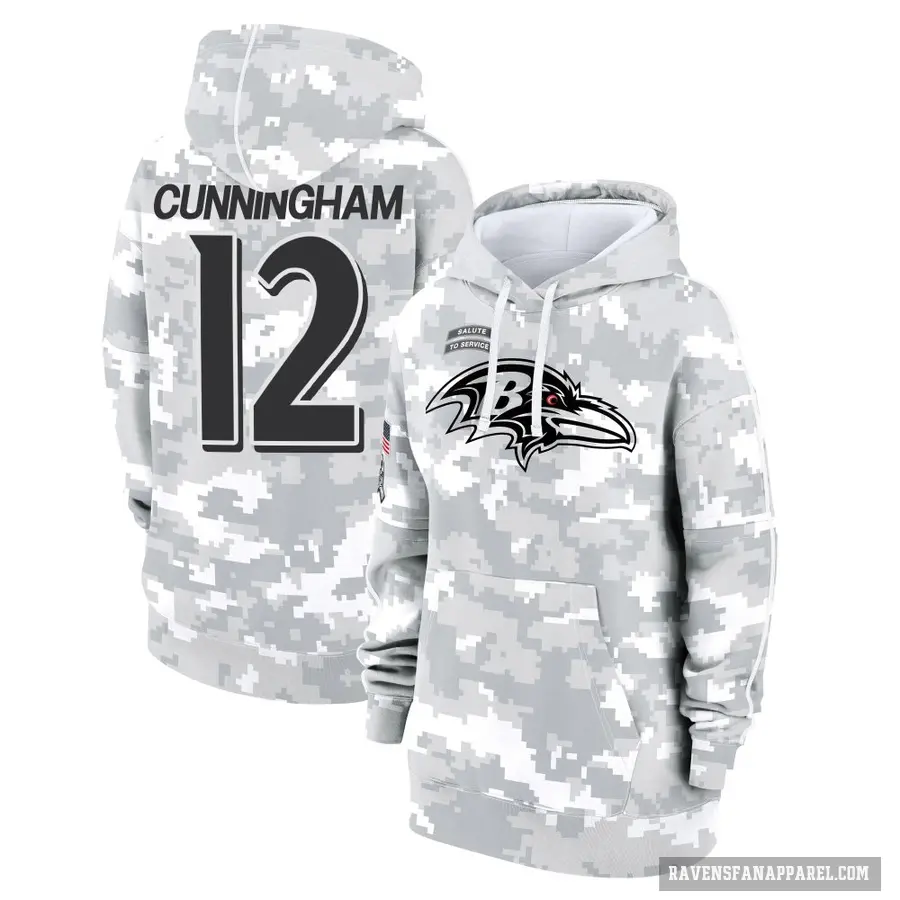 Women's ＃12 Malik Cunningham Baltimore Ravens Arctic Camo 2024 Salute to Service Club Fleece Pullover Hoodie