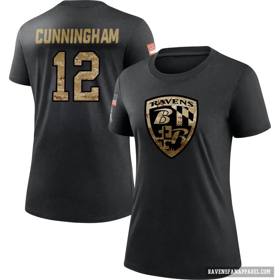 Women's ＃12 Malik Cunningham Baltimore Ravens Black 2020 Salute To Service Performance T-Shirt