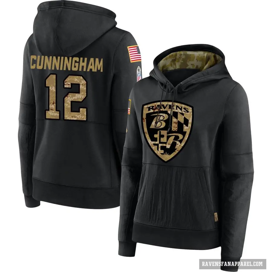 Women's ＃12 Malik Cunningham Baltimore Ravens Black 2020 Salute to Service Sideline Performance Pullover Hoodie