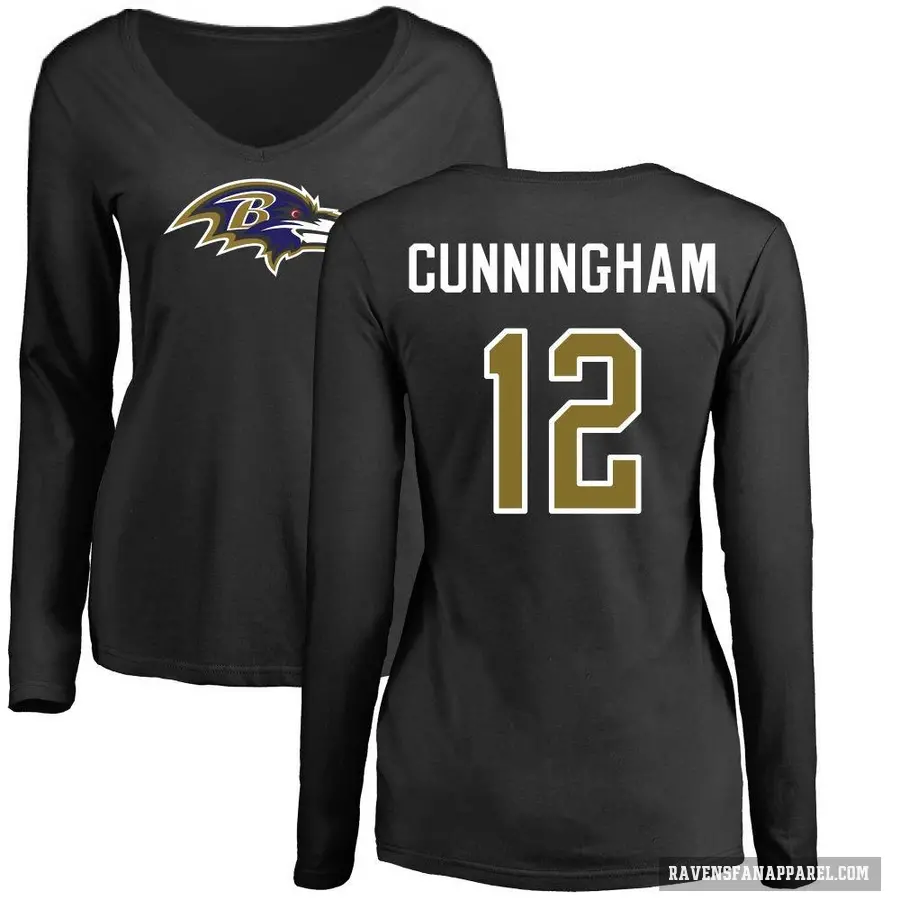 Women's ＃12 Malik Cunningham Baltimore Ravens Black Logo Slim Fit Long Sleeve T-Shirt