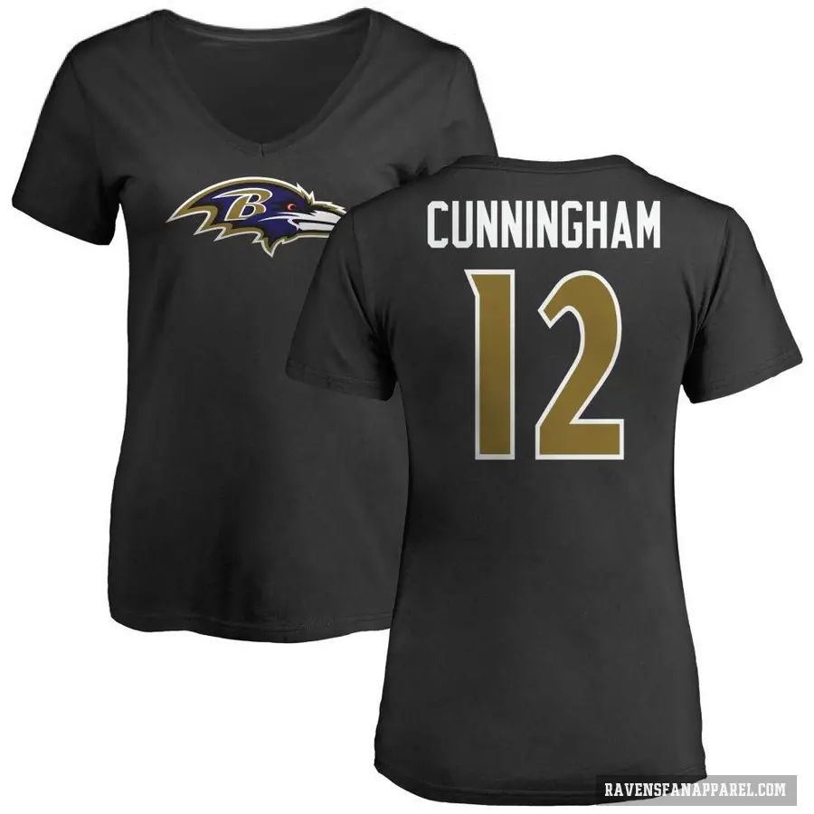 Women's ＃12 Malik Cunningham Baltimore Ravens Black Logo Slim Fit T-Shirt