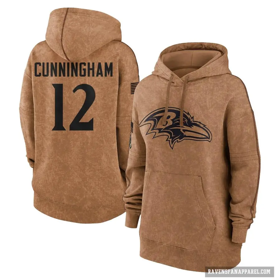 Women's ＃12 Malik Cunningham Baltimore Ravens Brown 2023 Salute To Service Pullover Hoodie