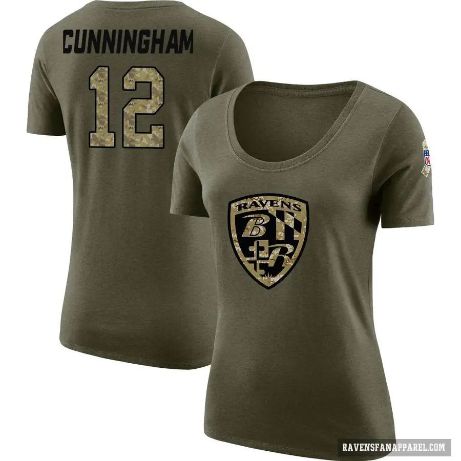 Women's ＃12 Malik Cunningham Baltimore Ravens Olive Salute to Service Scoop Neck T-Shirt