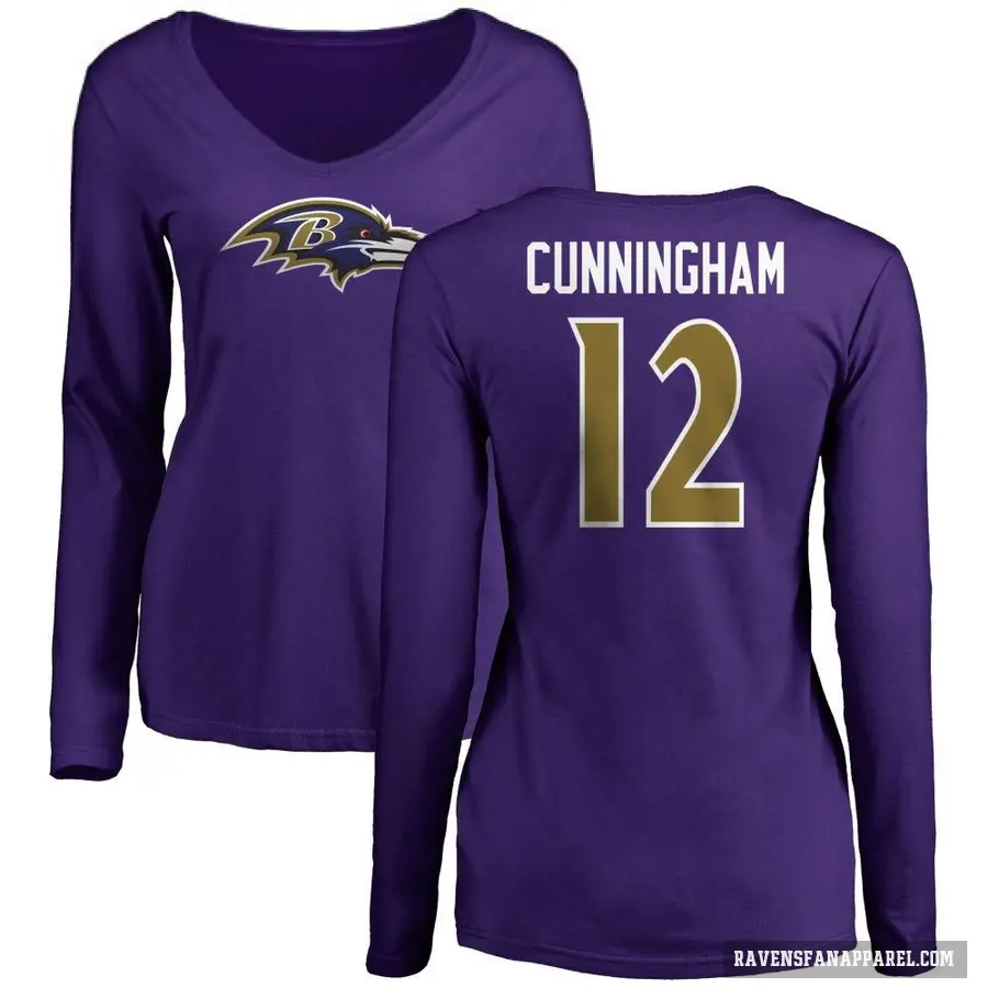 Women's ＃12 Malik Cunningham Baltimore Ravens Purple Logo Long Sleeve T-Shirt