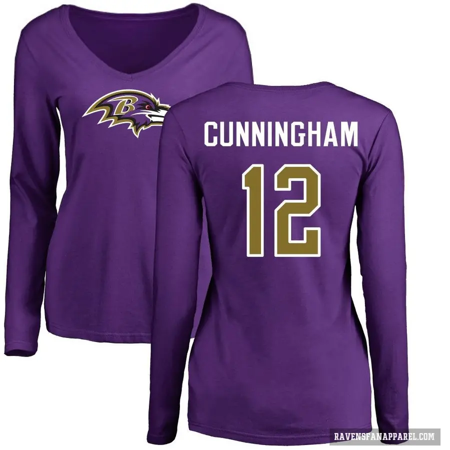 Women's ＃12 Malik Cunningham Baltimore Ravens Purple Logo Slim Fit Long Sleeve T-Shirt