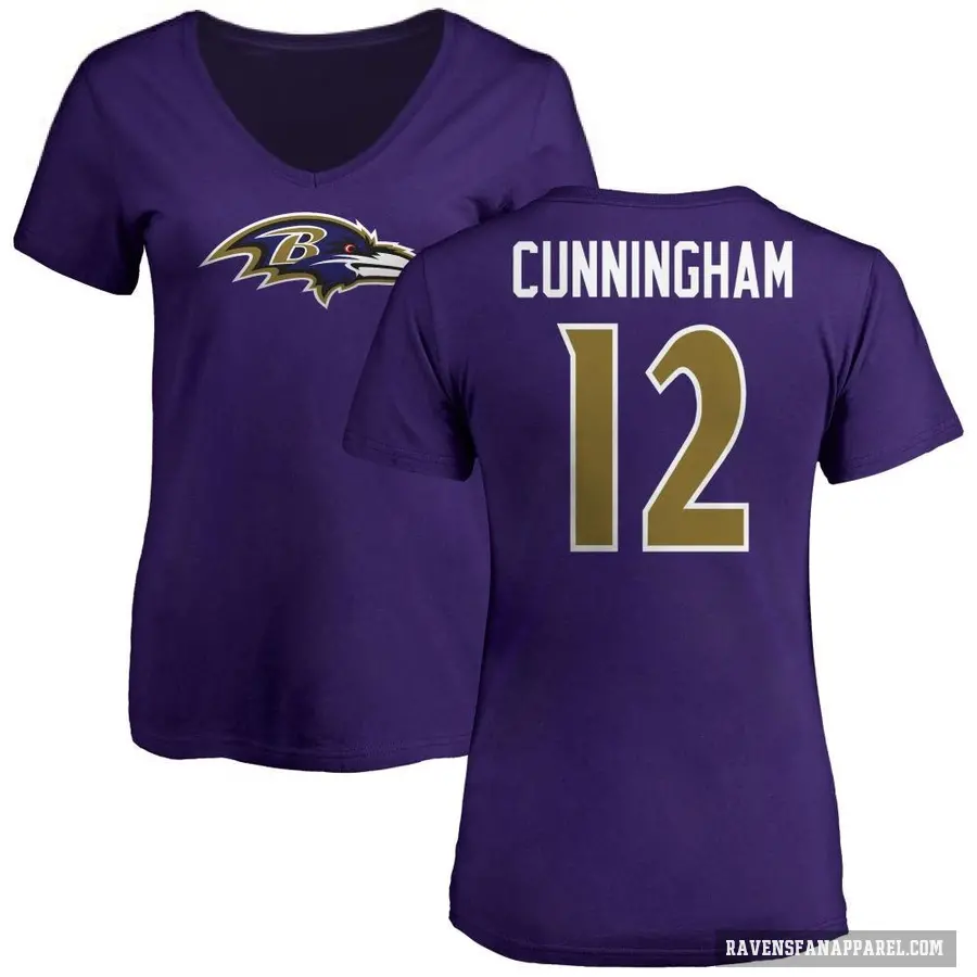 Women's ＃12 Malik Cunningham Baltimore Ravens Purple Logo V-Neck T-Shirt