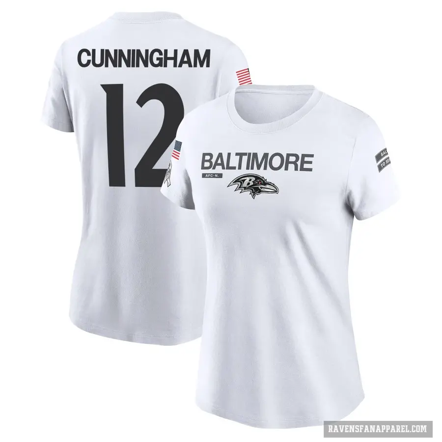 Women's ＃12 Malik Cunningham Baltimore Ravens White 2024 Salute to Service Performance T-Shirt