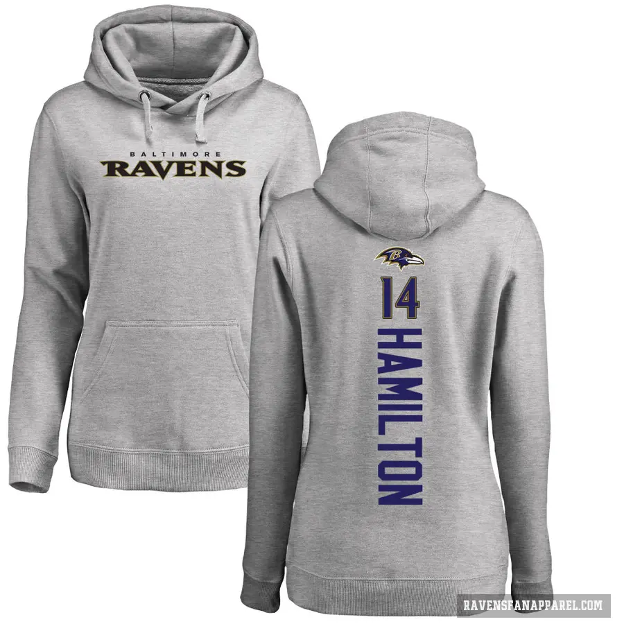 Women's ＃14 Kyle Hamilton Baltimore Ravens Pro Line Ash Backer Pullover Hoodie