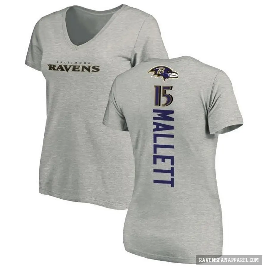 Women's ＃15 Ryan Mallett Baltimore Ravens Ash Backer V-Neck T-Shirt