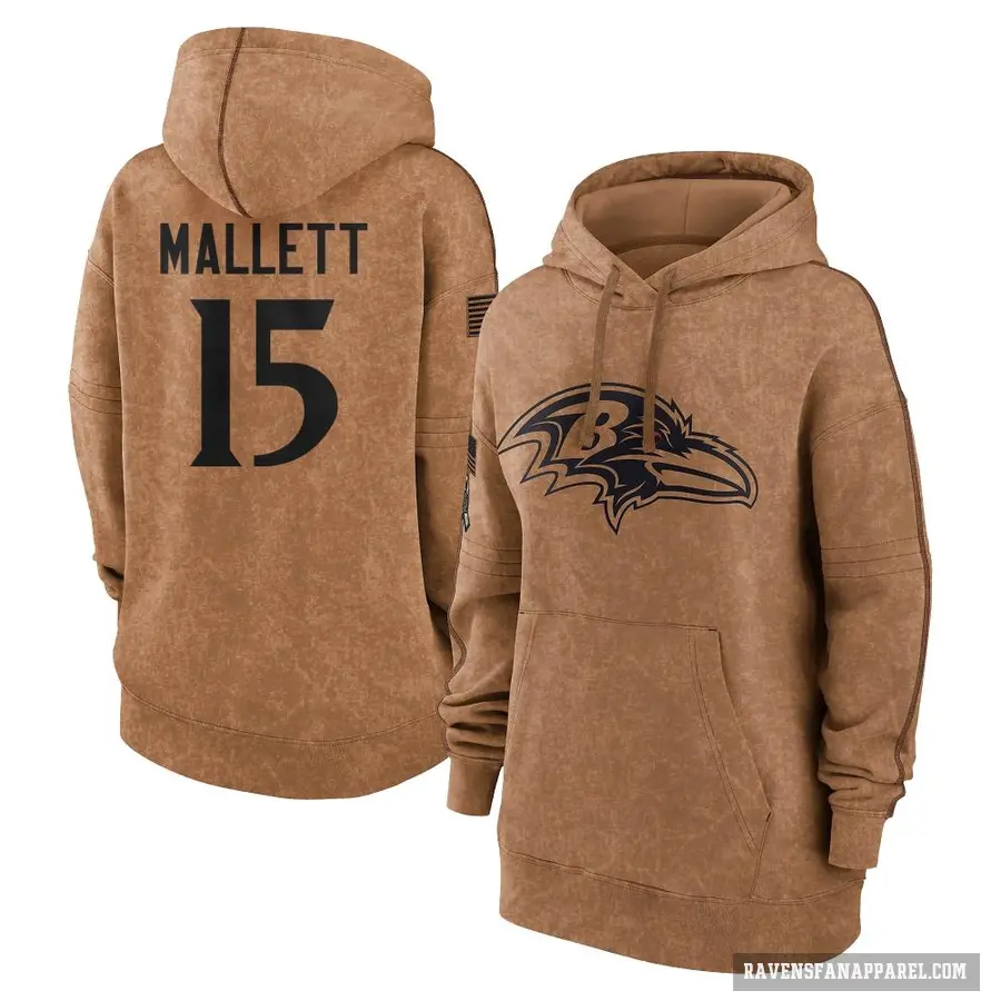 Women's ＃15 Ryan Mallett Baltimore Ravens Brown 2023 Salute To Service Pullover Hoodie