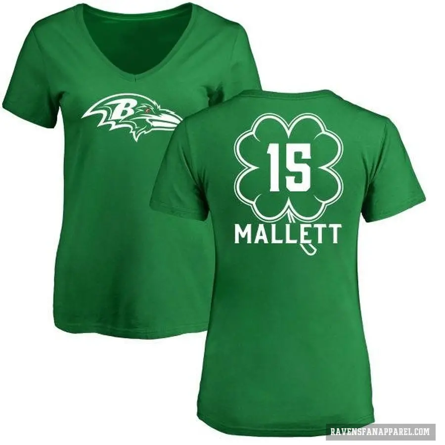 Women's ＃15 Ryan Mallett Baltimore Ravens Green St. Patrick's Day V-Neck T-Shirt