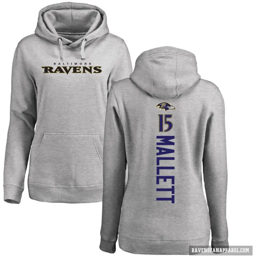 Women's ＃15 Ryan Mallett Baltimore Ravens Pro Line Ash Backer Pullover Hoodie