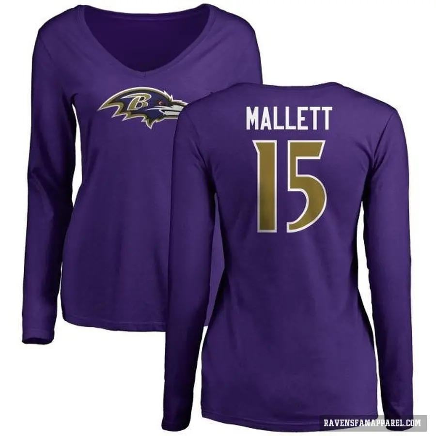 Women's ＃15 Ryan Mallett Baltimore Ravens Purple Logo Long Sleeve T-Shirt