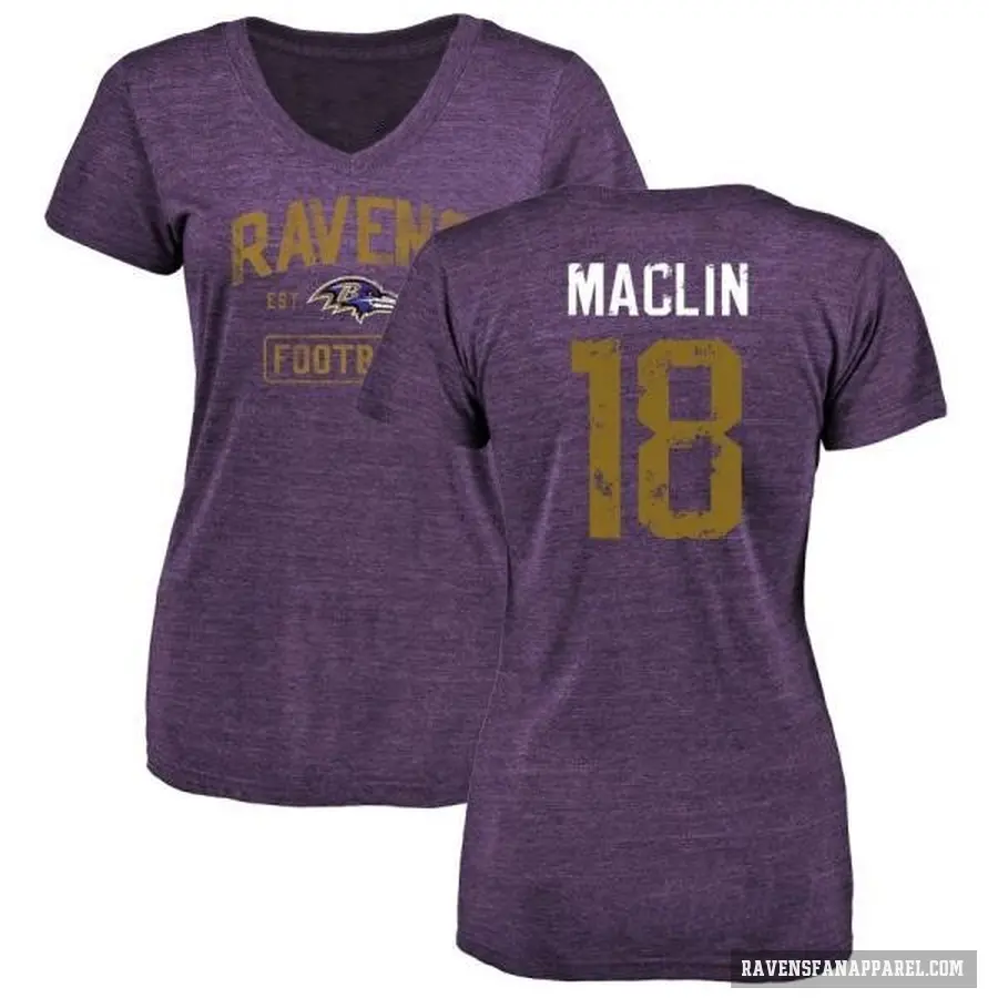 Women's ＃18 Jeremy Maclin Baltimore Ravens Purple Distressed V-Neck T-Shirt