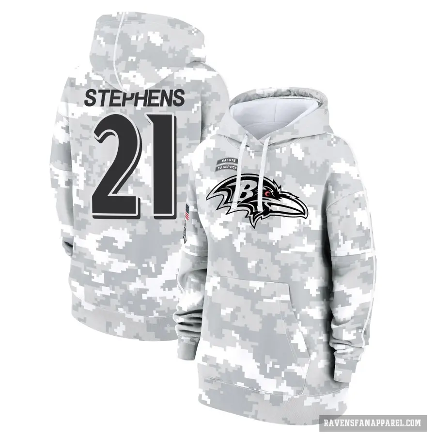 Women's ＃21 Brandon Stephens Baltimore Ravens Arctic Camo 2024 Salute to Service Club Fleece Pullover Hoodie