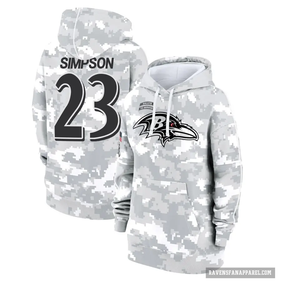 Women's ＃23 Trenton Simpson Baltimore Ravens Arctic Camo 2024 Salute to Service Club Fleece Pullover Hoodie