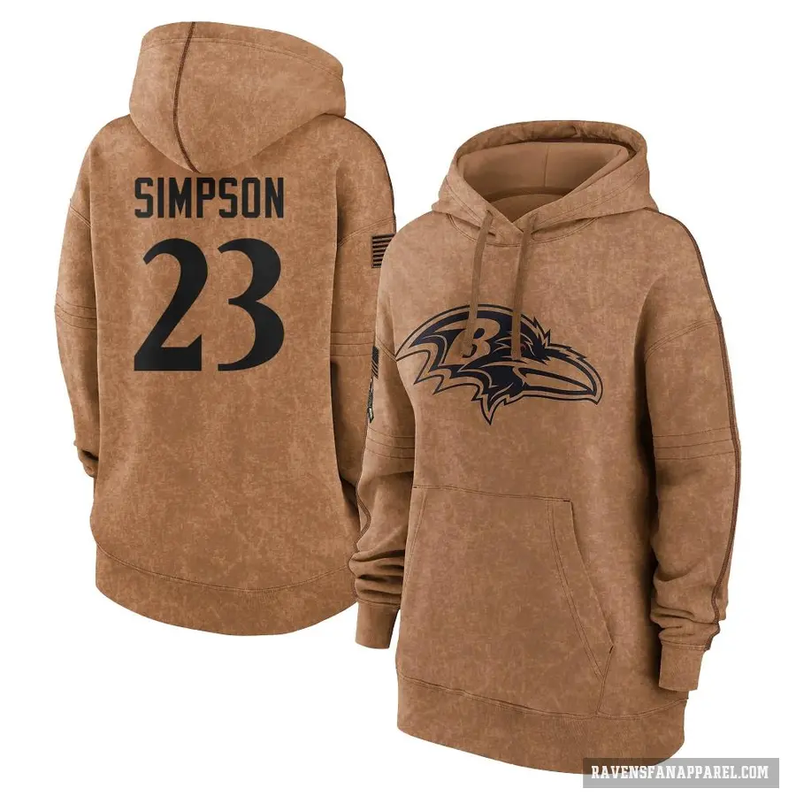 Women's ＃23 Trenton Simpson Baltimore Ravens Brown 2023 Salute To Service Pullover Hoodie