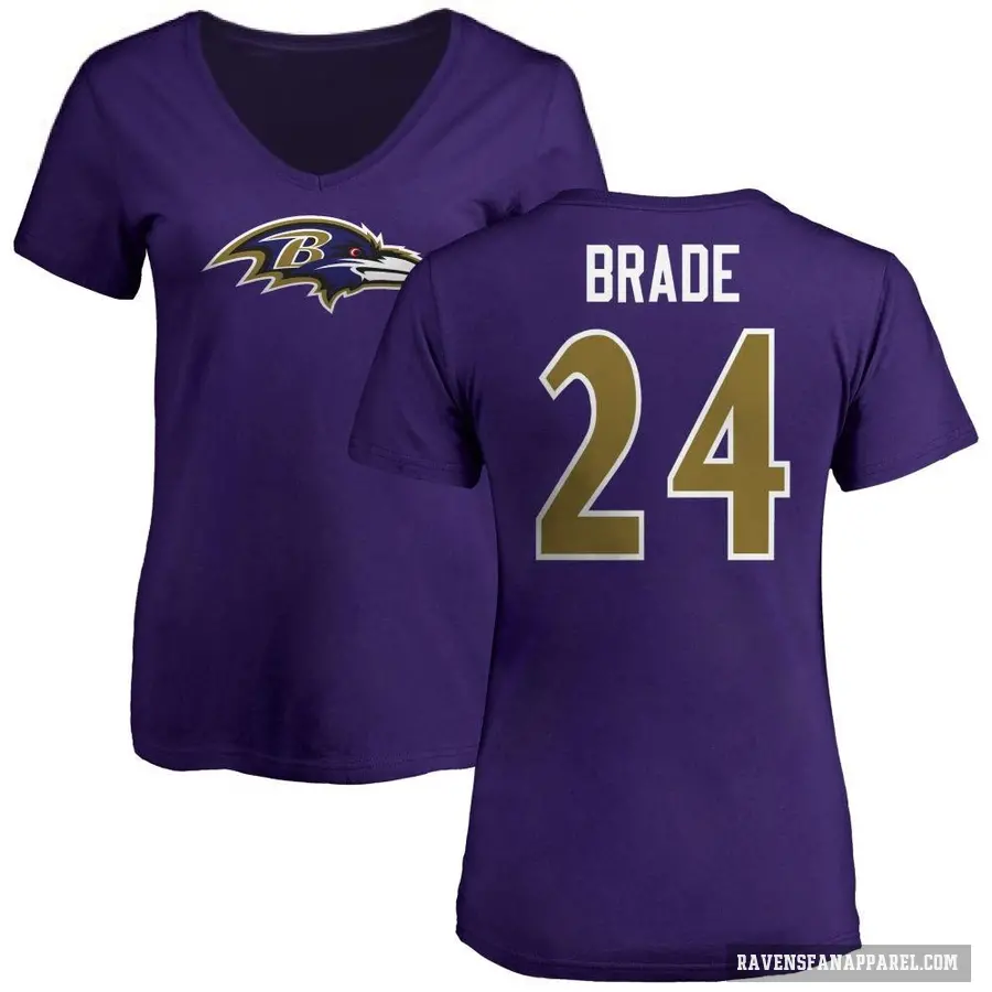 Women's ＃24 Beau Brade Baltimore Ravens Purple Logo V-Neck T-Shirt