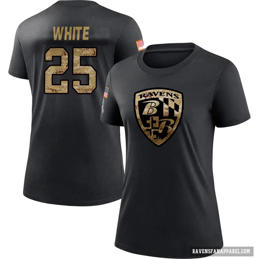 Women's ＃25 Tre'Davious White Baltimore Ravens White Black 2020 Salute To Service Performance T-Shirt