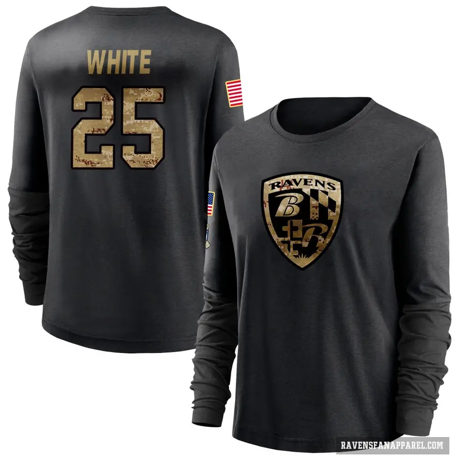 Women's ＃25 Tre'Davious White Baltimore Ravens White Black 2020 Salute To Service Sideline Performance Long Sleeve T-Shirt