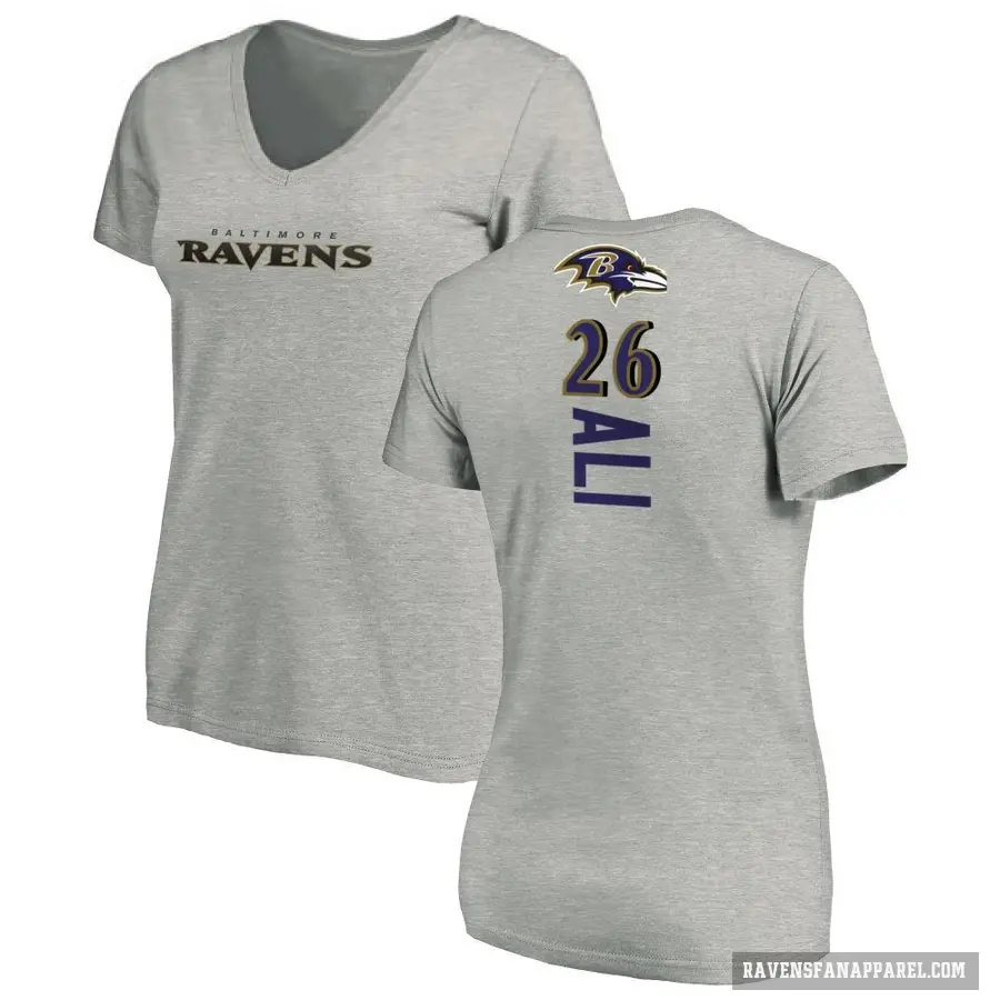 Women's ＃26 Rasheen Ali Baltimore Ravens Ash Backer V-Neck T-Shirt