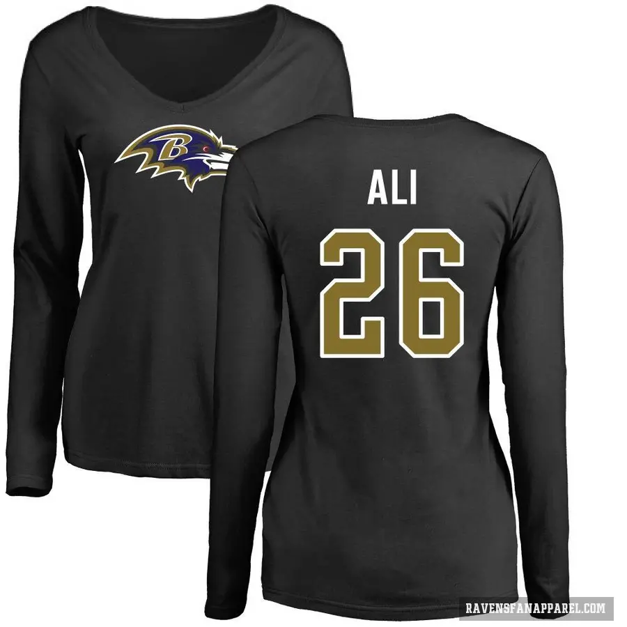 Women's ＃26 Rasheen Ali Baltimore Ravens Black Logo Slim Fit Long Sleeve T-Shirt