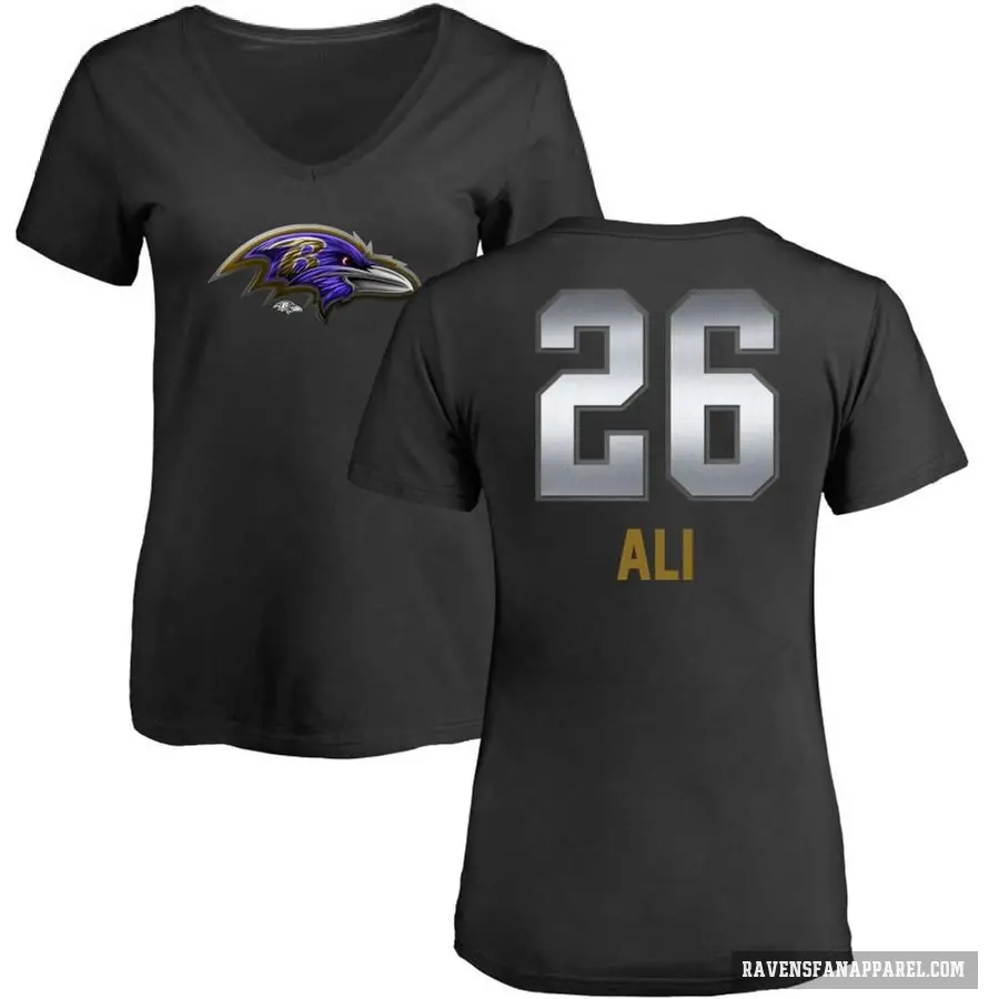 Women's ＃26 Rasheen Ali Baltimore Ravens Black Midnight Mascot T-Shirt