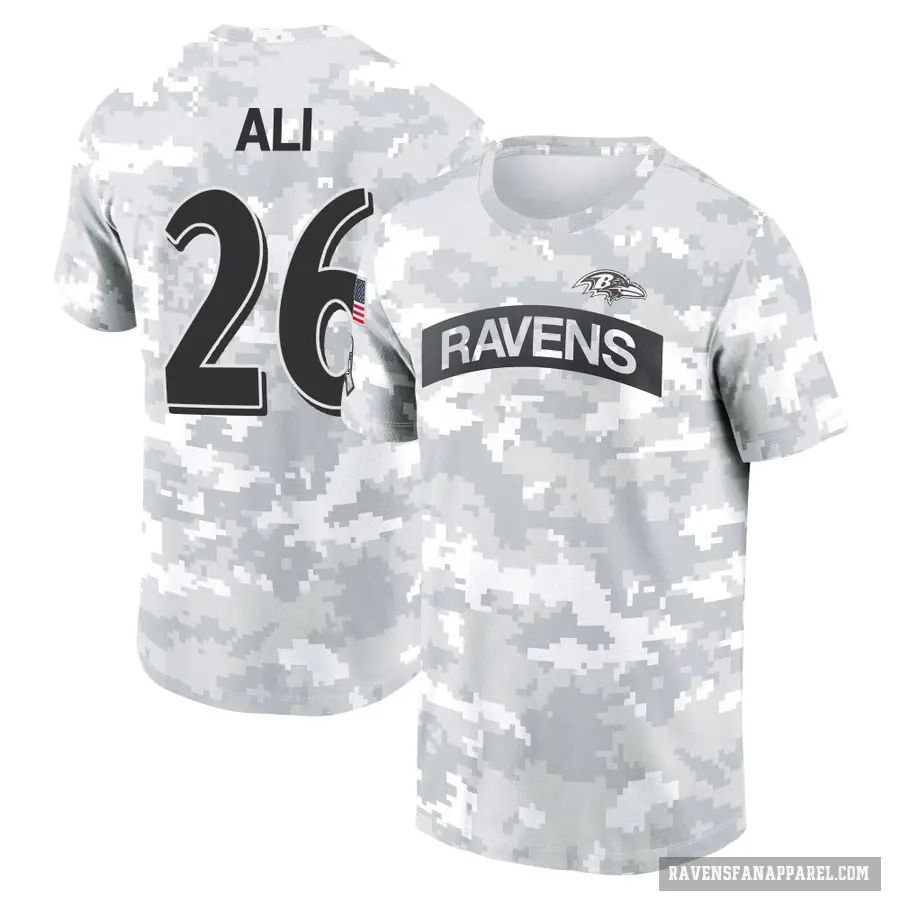 Women's ＃26 Rasheen Ali Baltimore Ravens Camo Arctic 2024 Salute to Service Long Sleeve T-Shirt