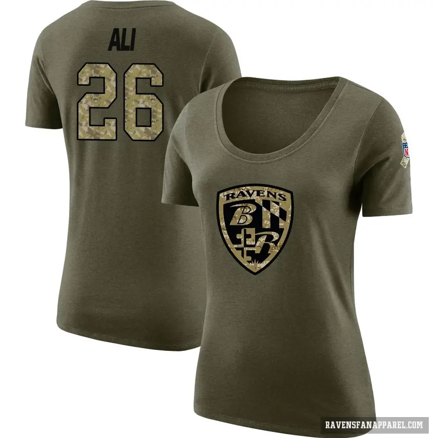 Women's ＃26 Rasheen Ali Baltimore Ravens Olive Salute to Service Scoop Neck T-Shirt