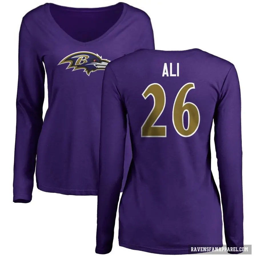 Women's ＃26 Rasheen Ali Baltimore Ravens Purple Logo Long Sleeve T-Shirt