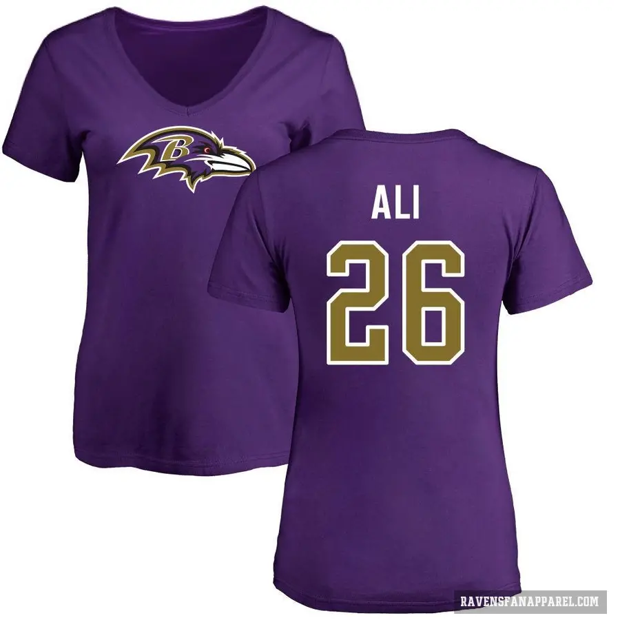 Women's ＃26 Rasheen Ali Baltimore Ravens Purple Logo Slim Fit T-Shirt