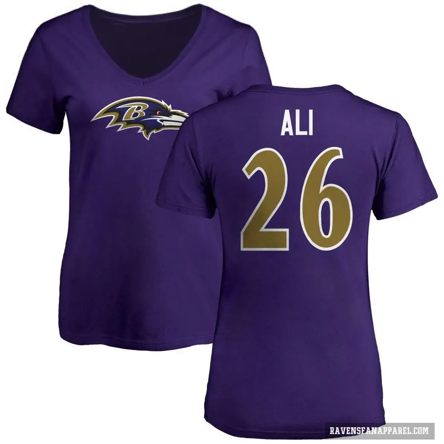 Women's ＃26 Rasheen Ali Baltimore Ravens Purple Logo V-Neck T-Shirt