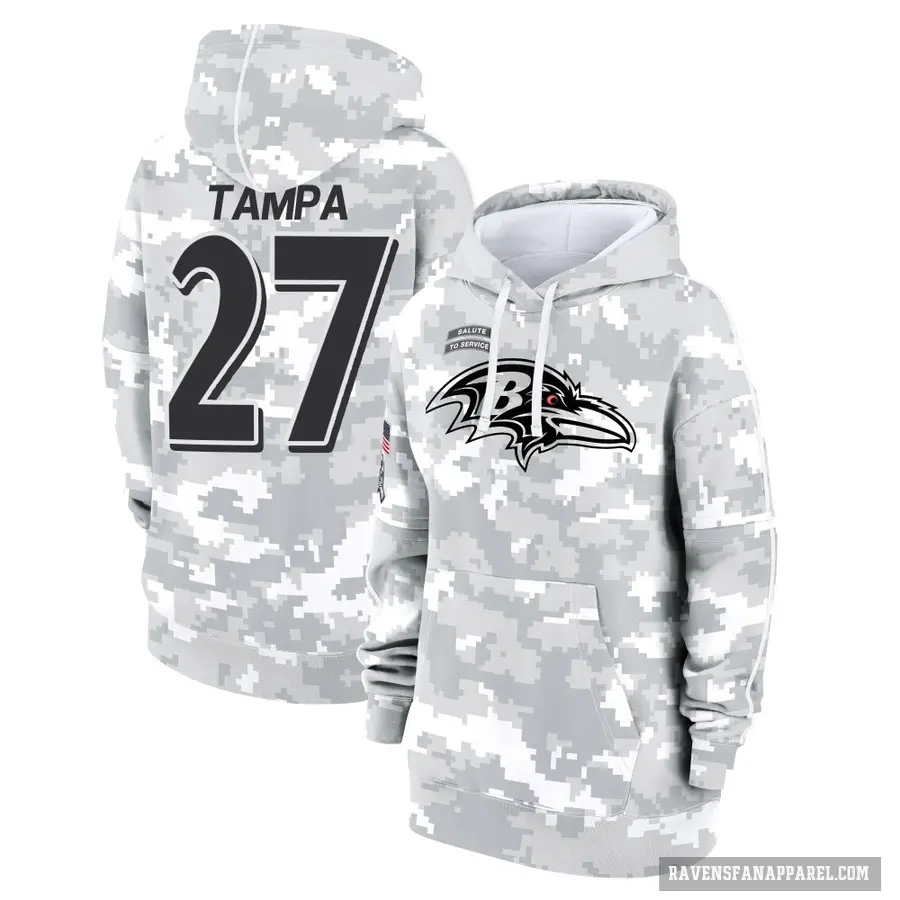 Women's ＃27 T.J. Tampa Baltimore Ravens Arctic Camo 2024 Salute to Service Club Fleece Pullover Hoodie