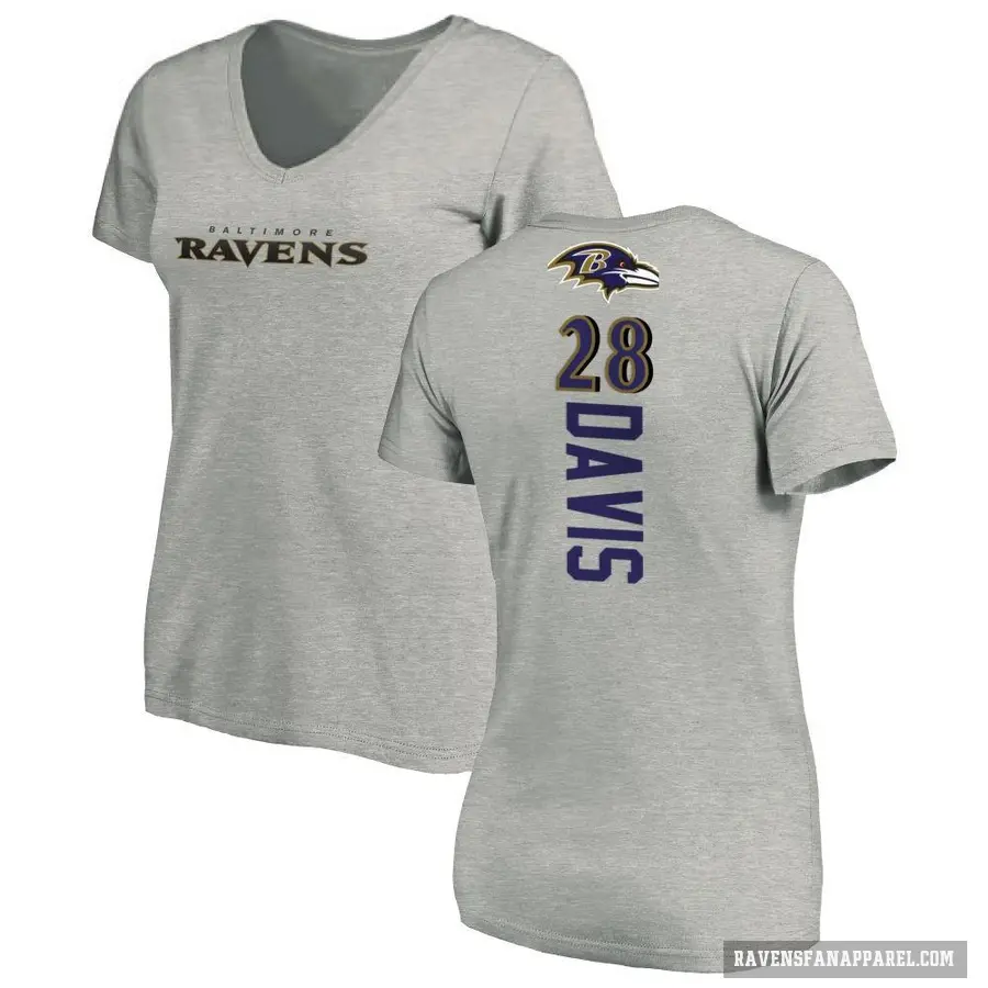 Women's ＃28 Mike Davis Baltimore Ravens Ash Backer V-Neck T-Shirt