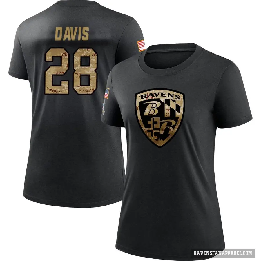 Women's ＃28 Mike Davis Baltimore Ravens Black 2020 Salute To Service Performance T-Shirt