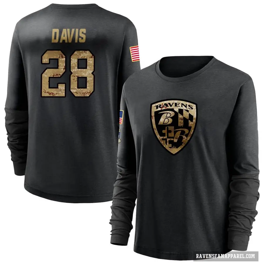 Women's ＃28 Mike Davis Baltimore Ravens Black 2020 Salute To Service Sideline Performance Long Sleeve T-Shirt