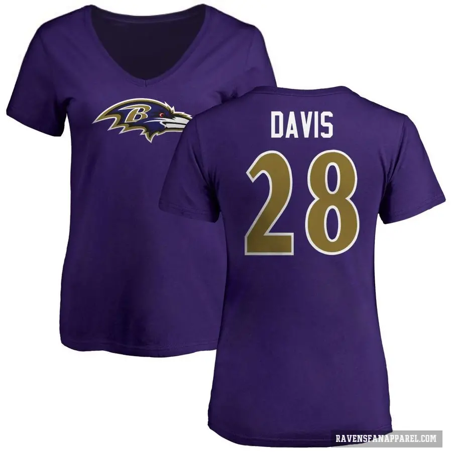 Women's ＃28 Mike Davis Baltimore Ravens Purple Logo V-Neck T-Shirt