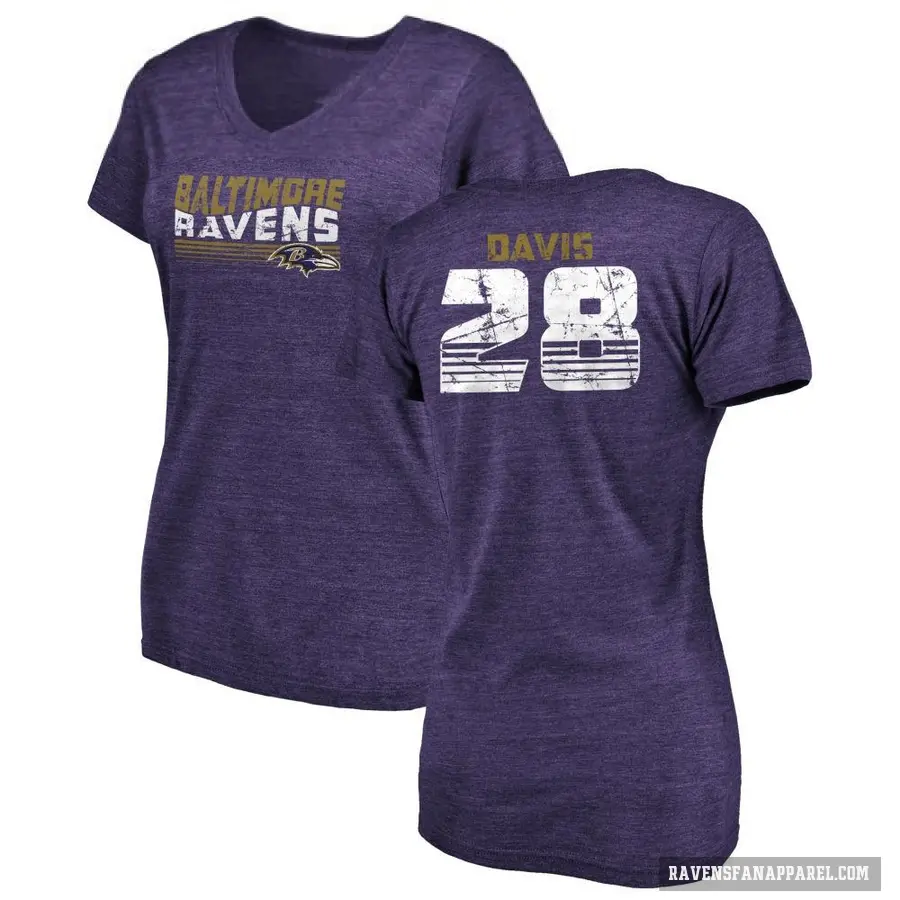 Women's ＃28 Mike Davis Baltimore Ravens Purple Retro V-Neck T-Shirt