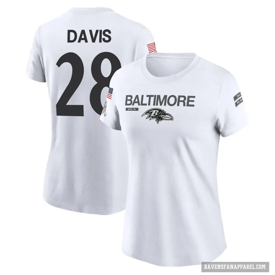 Women's ＃28 Mike Davis Baltimore Ravens White 2024 Salute to Service Performance T-Shirt